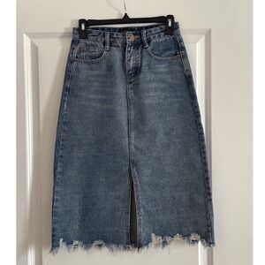 EGGKA Midi Denim Skirt Distressed Frayed Hem Blue Size M